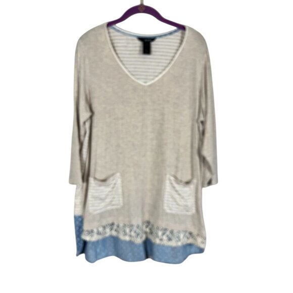 Ali Miles Tops - Ali Miles Striped Lace Tunic Top 1X Tan Boho Western Indie Hippie Chic Neutral